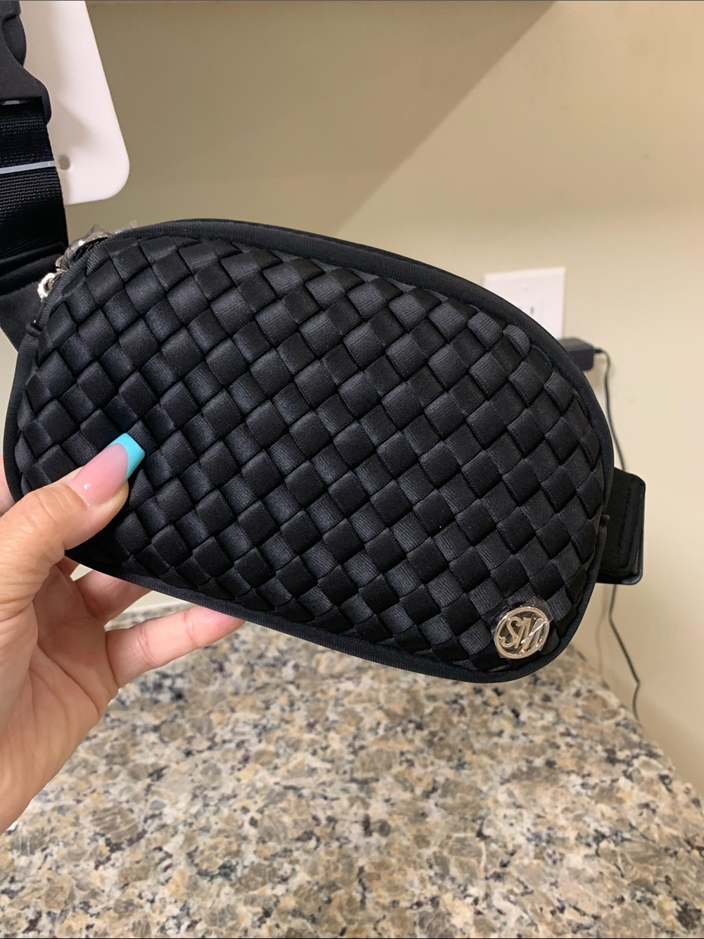 Steve Madden Black Woven Belt Bag with Silver Zipper.  Nylon like material.